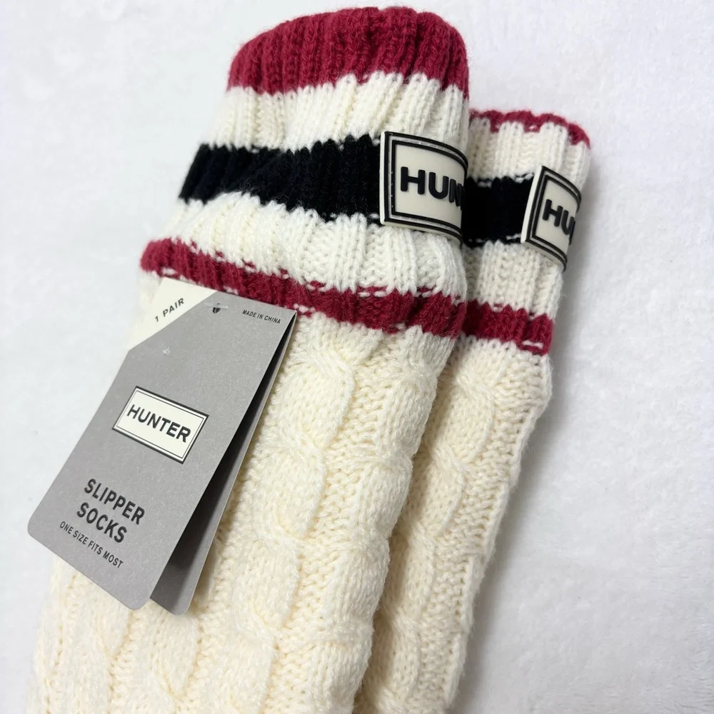 Hunter Cream Cable Knit Socks with Striped Cuff‎